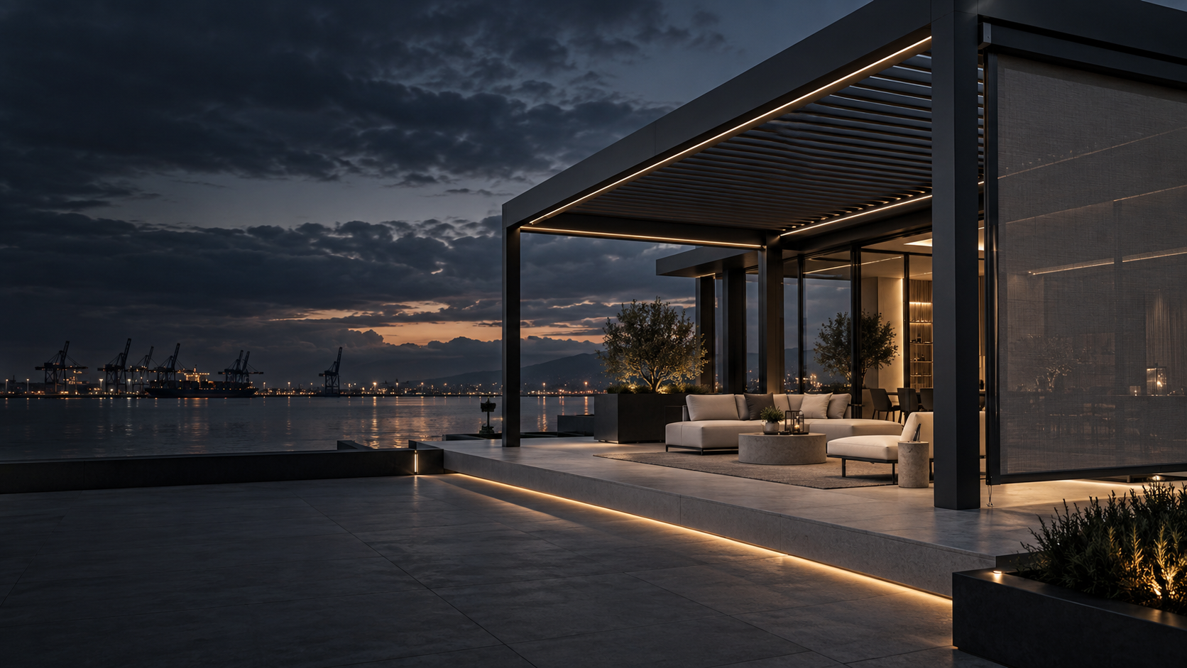 Illustrative premium outdoor environment with architecture, seating, landscape, and lighting